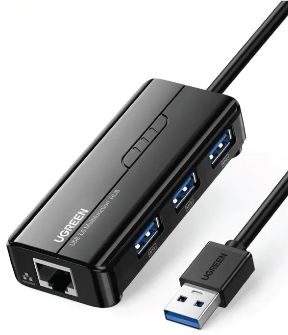 Ugreen USB-A Male To Ethernet Adaptor + 3 Ports USB HUB (USB2.0+10/100Mbps) Black